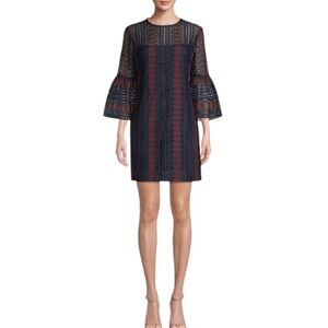 Trina Turk Dreamland Crochet Lace Shift Dress 8 Navy Red Bell Sleeve Coastal